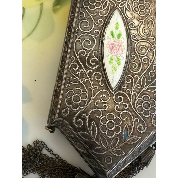 Antique 1910s Compact Coin Purse Silverplate Guilloche Enamel - Picture 10 of 16
